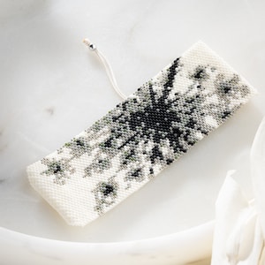 Wide Miyuki Beaded Cuff Bracelet: Black, Grey, Silver Splash Art