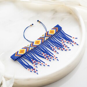 Native American Beaded Fringe Anklet For Women, Boho Ankle Bracelet, Chevron Tribal Jewelry, Aztec Ethnic Woven Cuff, Yellow Red White Blue image 7