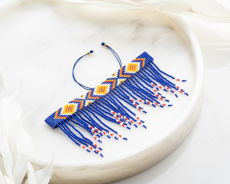 Native American Beaded Fringe Anklet For Women, Boho Ankle Bracelet, Chevron Tribal Jewelry, Aztec Ethnic Woven Cuff, Yellow Red White Blue image 7