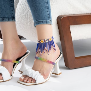 Native American Beaded Fringe Anklet For Women, Boho Ankle Bracelet, Chevron Tribal Jewelry, Aztec Ethnic Woven Cuff, Yellow Red White Blue image 10