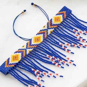 Native American Beaded Fringe Anklet For Women, Boho Ankle Bracelet, Chevron Tribal Jewelry, Aztec Ethnic Woven Cuff, Yellow Red White Blue image 8