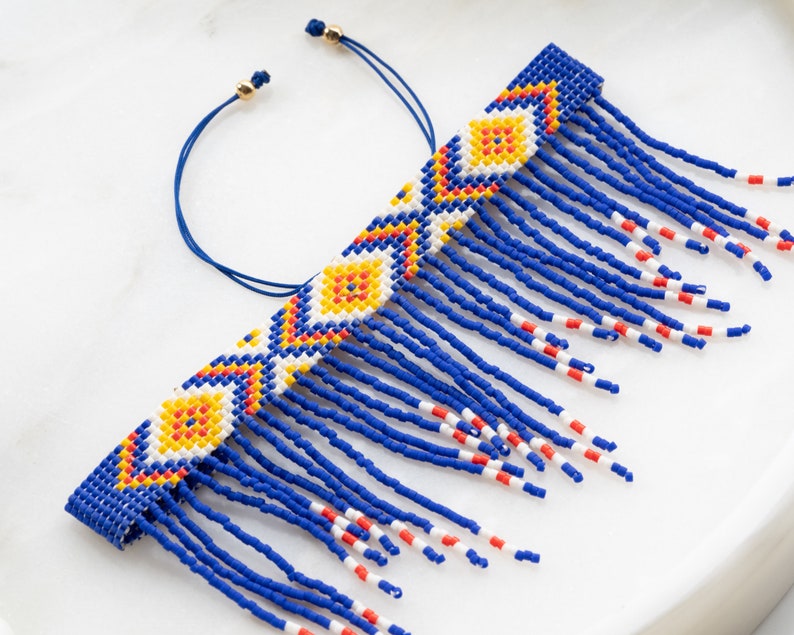 Native American Beaded Fringe Anklet For Women, Boho Ankle Bracelet, Chevron Tribal Jewelry, Aztec Ethnic Woven Cuff, Yellow Red White Blue image 8