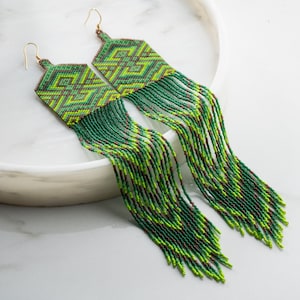 Green Miyuki Beaded Fringe Earrings: Handmade Boho Feather Design