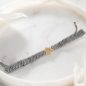 Miyuki Perlen Gold Anhänger Choker Halsband, Zebra gestreifte Halskette, schwarz und weiß, verstellbar, stilvoll, Boho Chic, Festival Accessoires Bild 8