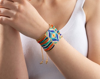Wide Native American Beaded Bracelet, Turquoise Blue Orange