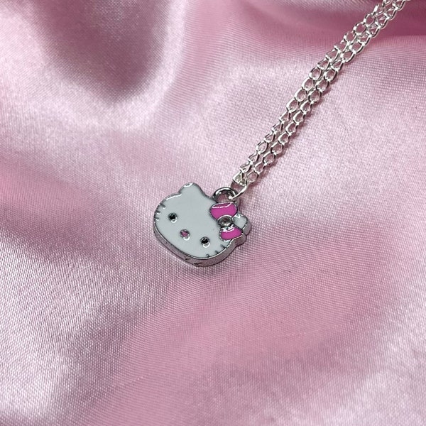 Collier kawaii chaton en métal argenté à strass roses