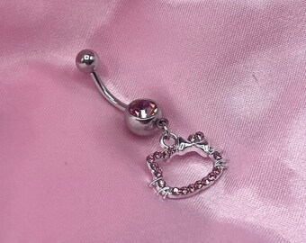 Surgical steel silver | pink | gold zircon diamante CZ kawaii kitty belly naval bar