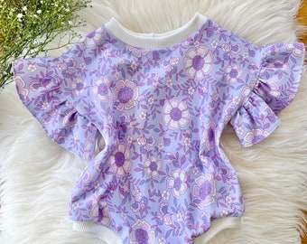 Ruffle sleeves romper: Pretty purple, Baby girl first birthday outfit, Baby Shower Gifts, New Baby Gift, Baby girl floral romper