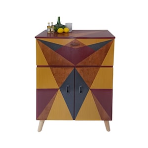 Mid century 1960s teak foldup cocktail drinks cabinet geometric