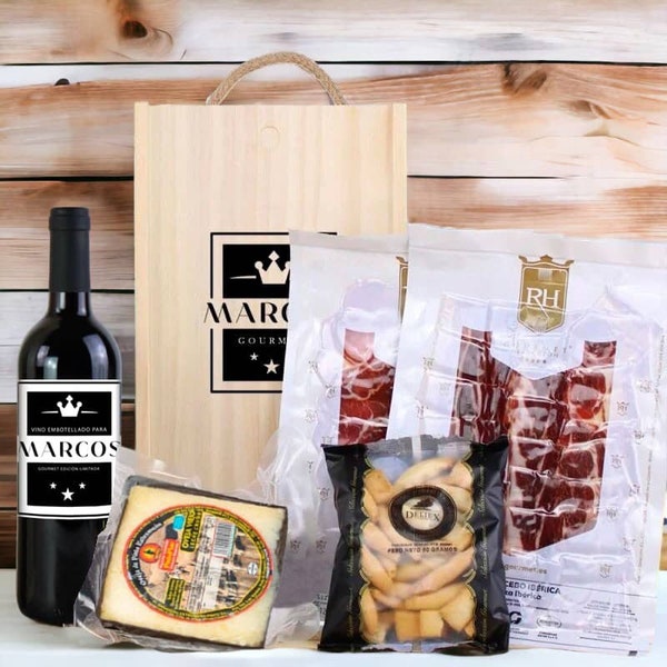 Caja Regalo Personalizada Gourmet Ibérico Vino Tinto Queso Lomo Jamón Especial Jubilación Cumpleaños