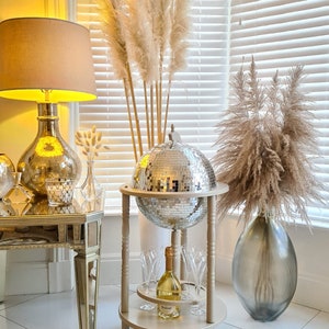 May include: A stylish interior scene featuring a mirrored side table with a lamp. A disco ball drinks trolley holds a bottle of sparkling wine and flutes. Pampas grass and a large vase complete the decor.