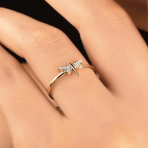 14K Solid Gold Dragonfly Ring: Dainty Cubic Zirconia Jewelry