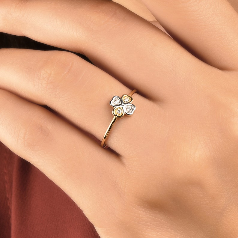 14K Gold Diamond Clover Ring • Dainty Four Leaf Clover Ring • Lucky ...