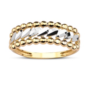 Anello a fascia doppia con perline e foglie • Anello in oro bianco e giallo con taglio a diamante • Anello a doppia fascia bicolore • Fede nuziale floreale in oro massiccio 14K