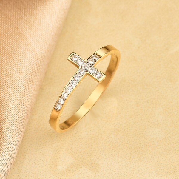 Pave Cross Ring in 14K Gold • Solid Gold Cross Ring for Women • Valentine's Gift for Wife • Religious Christian Jewelry With A Cross On It