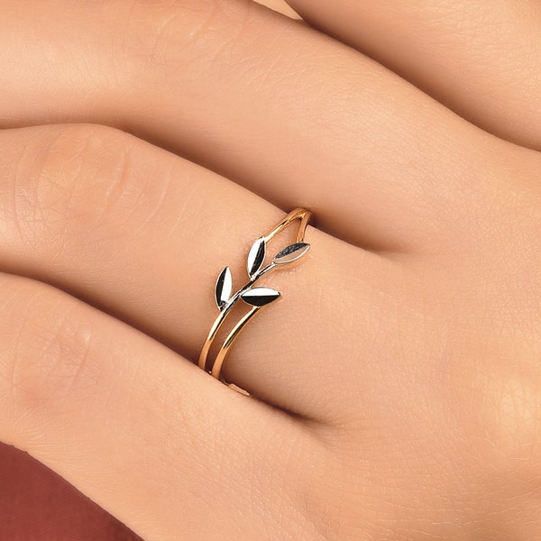 Olive Branch Ring in 10K, 14K, 18K Gold • Solid Gold Twig and Leaf Ring • Stackable Leaves Rings • Floral Wedding Jewelry • Christmas Gift