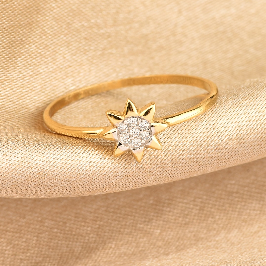 14K Solid Gold Pave Sun Ring • Micro Pave Diamond Sun Ring • Dainty ...
