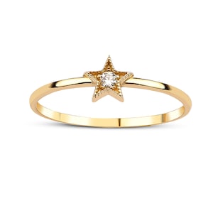 14K Solid Gold Star Ring: Minimalist CZ Celestial Jewelry