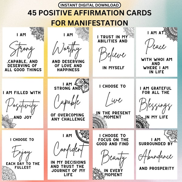 Positive Affirmation Cards for Law of Attraction: Printable Manifesting Kit, Daily Affirmation Deck, Coloring Mandala