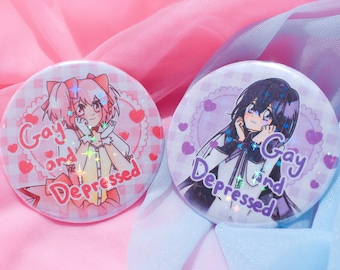 Puella Magi Madoka Magica Madoka x Homura &quot;Gay and Depressed&quot; 2.25 Holographic Button Badge