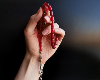 Spiritual Elegance: Red Prayer Beads | Handcrafted Rosary with 925 Sterling Silver Tassels | Elevate Your Give a Christmas Gift Today!