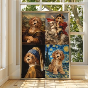 May include: A framed wall art print featuring four distinct portraits of a curly-haired dog. The images depict the dog in the style of the Mona Lisa, Napoleon crossing the Alps, Girl with a Pearl Earring, and a starry night landscape.