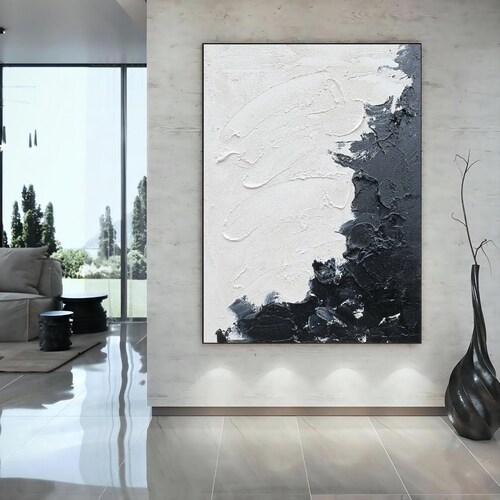 Large black and white canvas acrylic, 3D texture shops wall art, black and white 3D minimalist abstract oil painting, Mounting art with frame