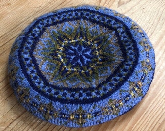 Fair isle patterned Shetland wool hat in tam or beret style.