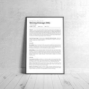 May include: Black and white image of a technical indicator called Moving Average (MA). The image explains the definition, setup, trade ideas, and how to use the indicator in trading.