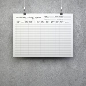 May include: A blank backtesting trading logbook with columns for date, trading platform, strategy, account, open time, symbol, long/short, entry price, quantity, total cost, take profit, stop loss, closing price, close time, profit/loss, and amount.