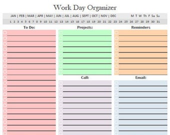 May include: A printable work day organiser with a calendar, to do list, projects, reminders, due dates, follow up, meetings, and notes sections. The organiser is divided into nine sections with different coloured backgrounds.