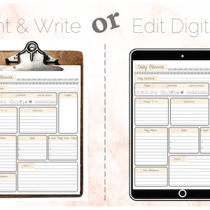 May include: A printable and digital daily planner with sections for mood, to-do list, reminders, daily notes, goals, good things, notes, and the situation. The planner has a beige background with black lines and a calendar at the top.
