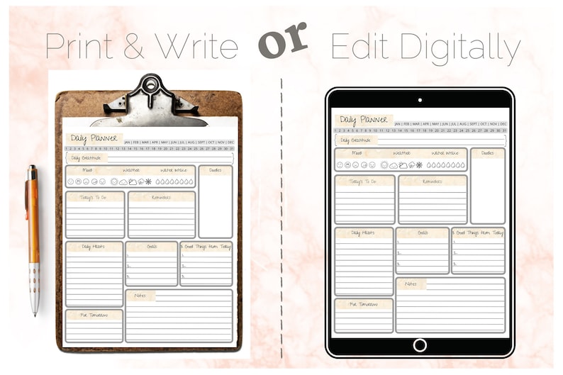 May include: A printable and digital daily planner with sections for mood, to-do list, reminders, daily notes, goals, good things, notes, and the situation. The planner has a beige background with black lines and a calendar at the top.
