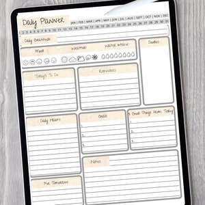 May include: A digital daily planner on a tablet screen with a grey background and white text. The planner includes sections for daily gratitude, mood, today's to do, weather, water intake, reminders, daily habits, goals, 3 good things from today, notes, and for tomorrow.