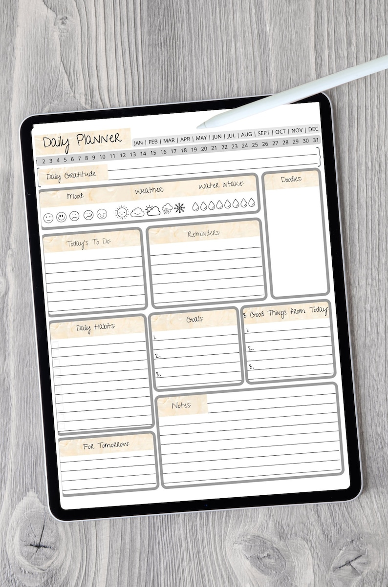 May include: A digital daily planner on a tablet screen with a grey background and white text. The planner includes sections for daily gratitude, mood, today's to do, weather, water intake, reminders, daily habits, goals, 3 good things from today, notes, and for tomorrow.