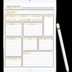 May include: A digital daily planner on a tablet with a stylus. The planner has sections for daily gratitude, mood, weather, water intake, doodles, today's to do, reminders, daily habits, goals, 3 good things from today, notes, and for tomorrow.