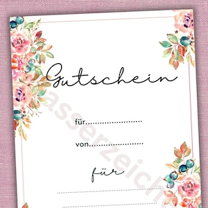 Digitaler Gutschein zum Ausdrucken, Gutschein Blumen, Gutschein Geburtstag, Gutschein Hochzeit, PDF-Format in A4, Vorlage Gutschein