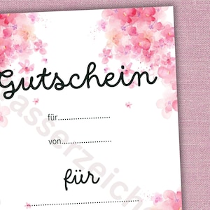 Digitaler Gutschein zum Ausdrucken, PDF Sofortdownload, rosa Aquarell-Blumen, Gutschein Geburtstag, Gutschein Hochzeitstag, PDF Format in A4