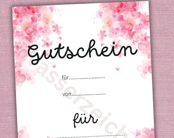 Digitaler Gutschein zum Ausdrucken, PDF Sofortdownload, rosa Aquarell-Blumen, Gutschein Geburtstag, Gutschein Hochzeitstag, PDF Format in A4