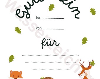 Gutschein Waldtiere, Gutschein Kind, Gutschein Kindergeburtstag, Gutschein Taufe, Kommunion, digital, PDF zum Ausdrucken in A4