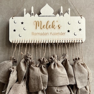 Ramadankalender gepersonaliseerd van hout met naam om te vullen, jute tas, kinderen, Ramadan, vasten, Eid Mubarak, gekleurd