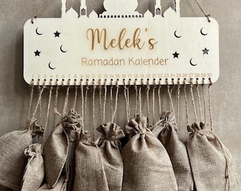 Ramadan calendar personalized made of wood with name to fill, jute bag, children, Ramadan, fasting, Eid Mubarak, colored