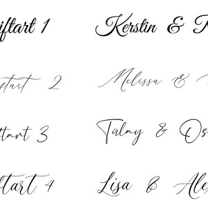 May include: Four different calligraphy styles are shown with the names Kerstin & Robin, Melissa & Ugurcan, Talay & Osman, and Lisa & Alexander written in each style.