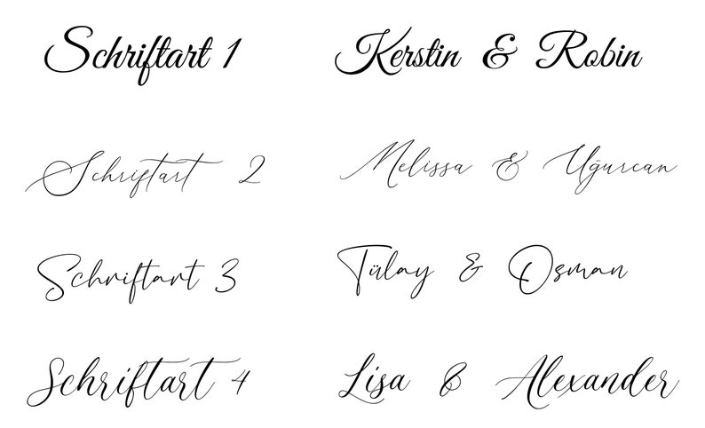 May include: Four different calligraphy styles are shown with the names Kerstin & Robin, Melissa & Ugurcan, Talay & Osman, and Lisa & Alexander written in each style.