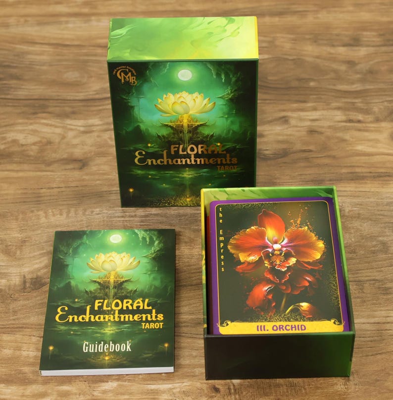 Floral Enchantments Tarot cards displayed with the guidebook and box, showing colorful botanical illustrations and full deck presentation.