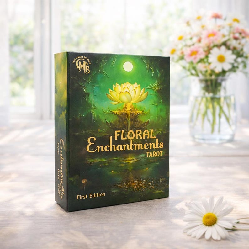 Floral Enchantments Tarot deck with guidebook and green gift box, a botanical flower themed tarot set with vivid floral artwork. Card size 3.54” x 5.12” (90 mm x 130 mm).