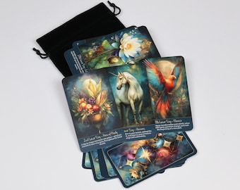 May include: A collection of oracle cards with celestial and nature-inspired artwork, including a unicorn, phoenix, and floral arrangements. The cards are displayed with a black drawstring bag on a white surface.