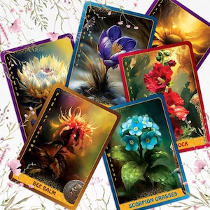 Spread of Floral Enchantments Tarot cards featuring bright botanical illustrations such as sunflower, hibiscus, bee balm, and scorpion grasses.