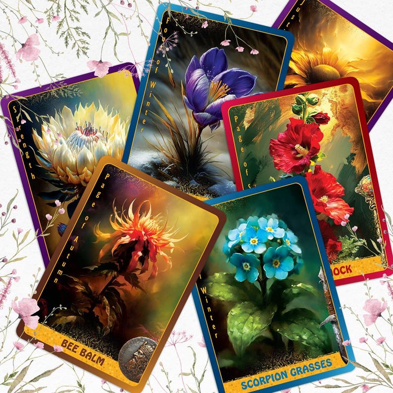 Spread of Floral Enchantments Tarot cards featuring bright botanical illustrations such as sunflower, hibiscus, bee balm, and scorpion grasses.