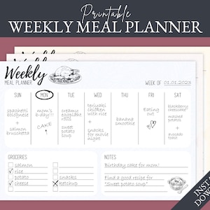 Op de afbeelding: Een printbare weekmenuplanner op een lichtblauwe achtergrond, met kolommen voor elke dag van de week, een boodschappenlijstje met selectievakjes en een notitiesectie. De koptekst luidt Weekly Meal Planner en bevat een illustratie van een kalkoen.